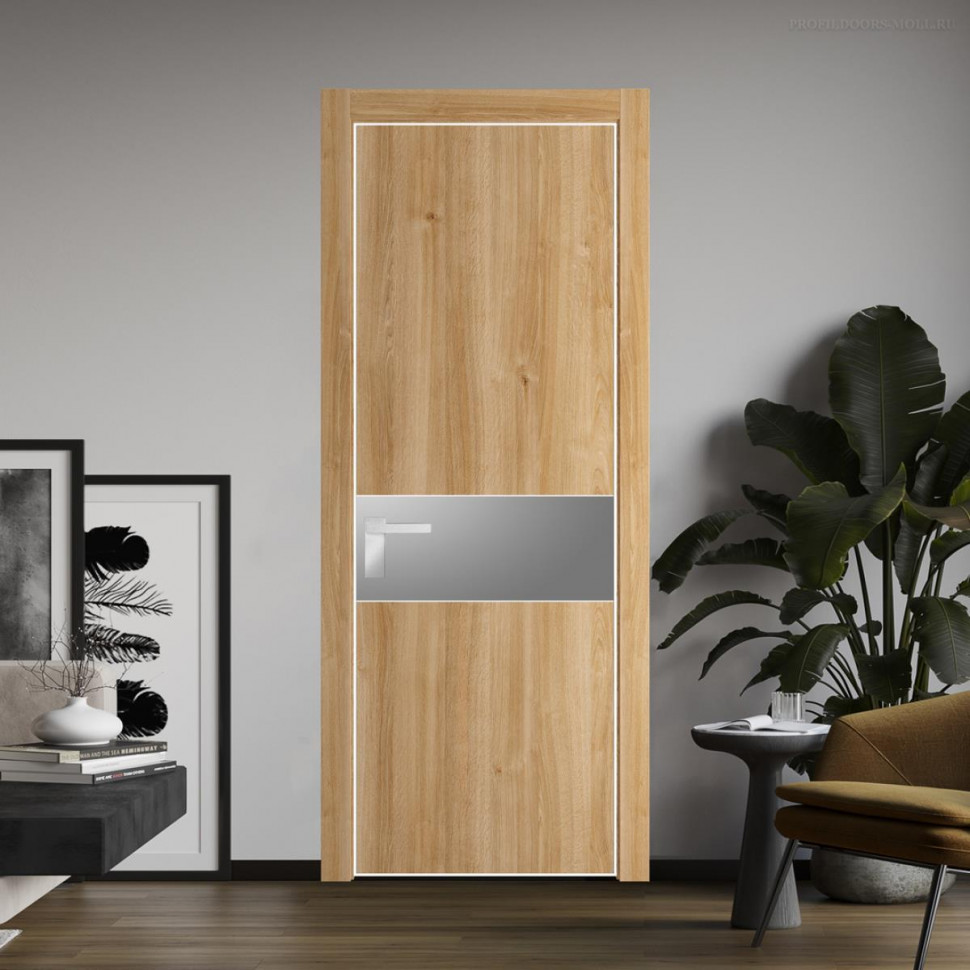 Межкомнатная дверь ProfilDoors 17NA Дуб Карамель профиль Вайт вставка Lacobel Серебряный лак