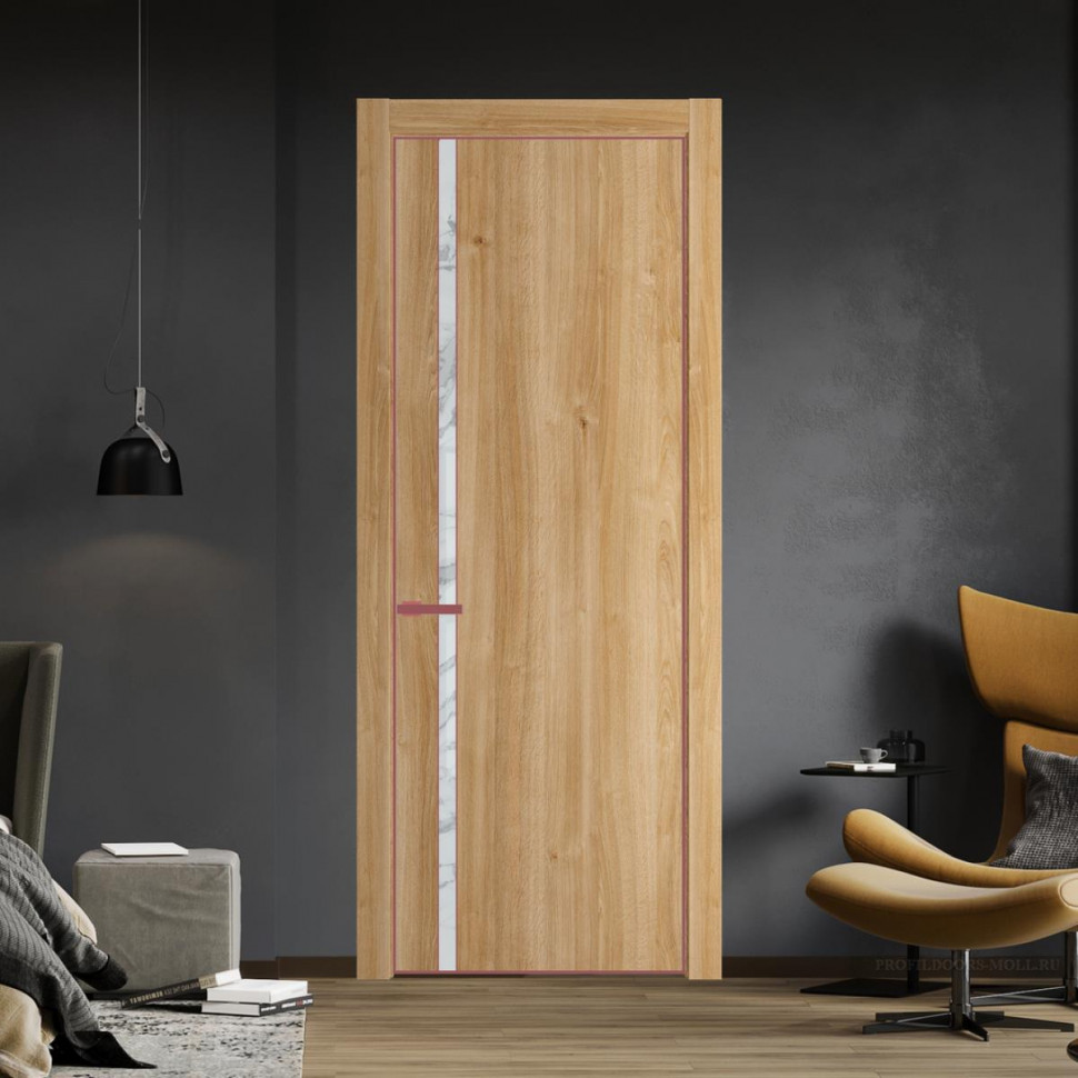 Межкомнатная дверь ProfilDoors 21NA Дуб Карамель профиль Красный антрацит вставка Нефи белый узор серебро