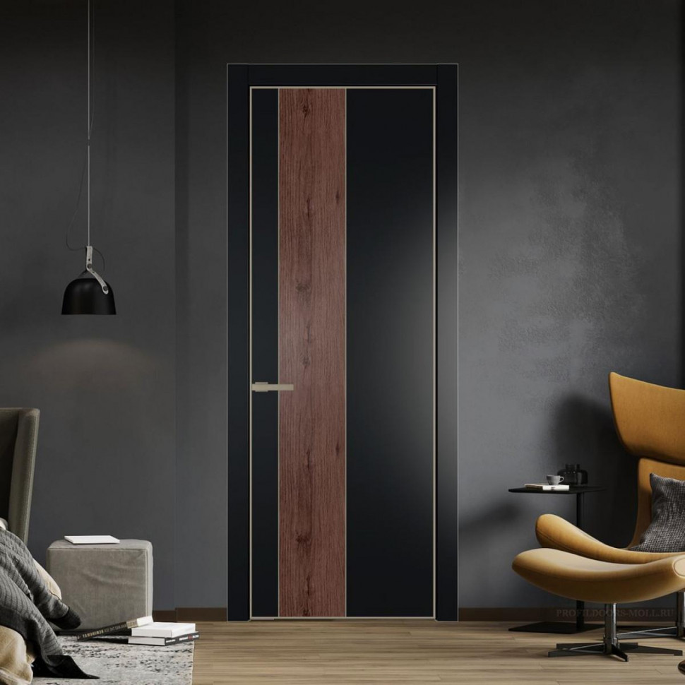 Межкомнатная дверь ProfilDoors 19 PE с вставкой Дуб Тобакко Блэк с алюминиевой кромкой Никель