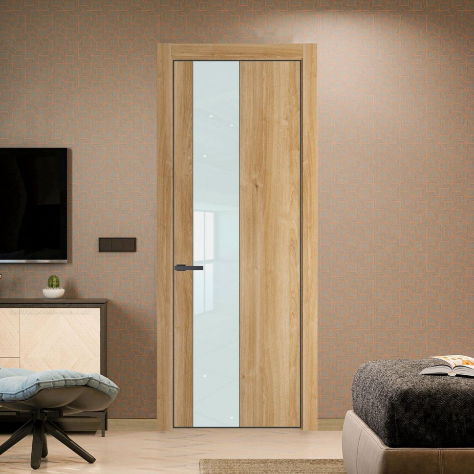 Межкомнатная дверь ProfilDoors 19 NE Дуб Карамель с кромкой Серая Ночь с стекляной вставкой белый лак