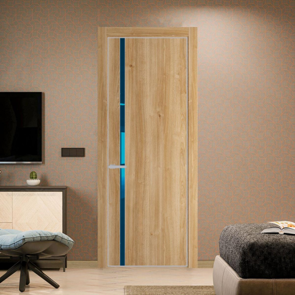 Межкомнатная дверь ProfilDoors 21 NE Дуб Карамель с кромкой Матовая с стекляной вставкой зеркало blue
