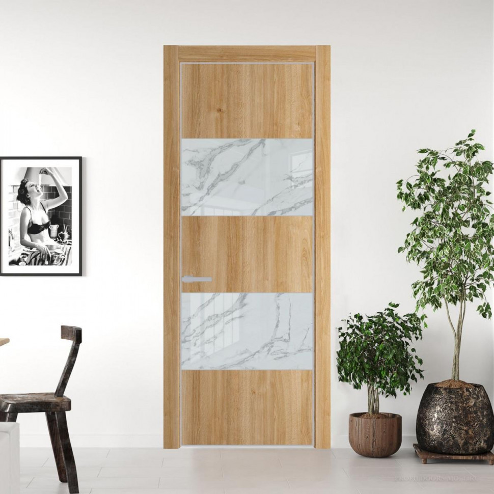 Межкомнатная дверь ProfilDoors 22 NE Дуб Карамель с кромкой Матовая с стекляной вставкой нефи белый узор серебро