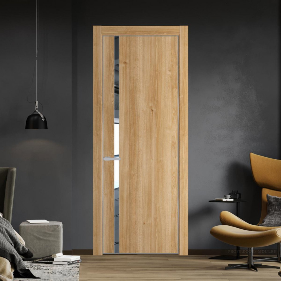 Межкомнатная дверь ProfilDoors 21NA Дуб Карамель профиль Серебро вставка Зеркало