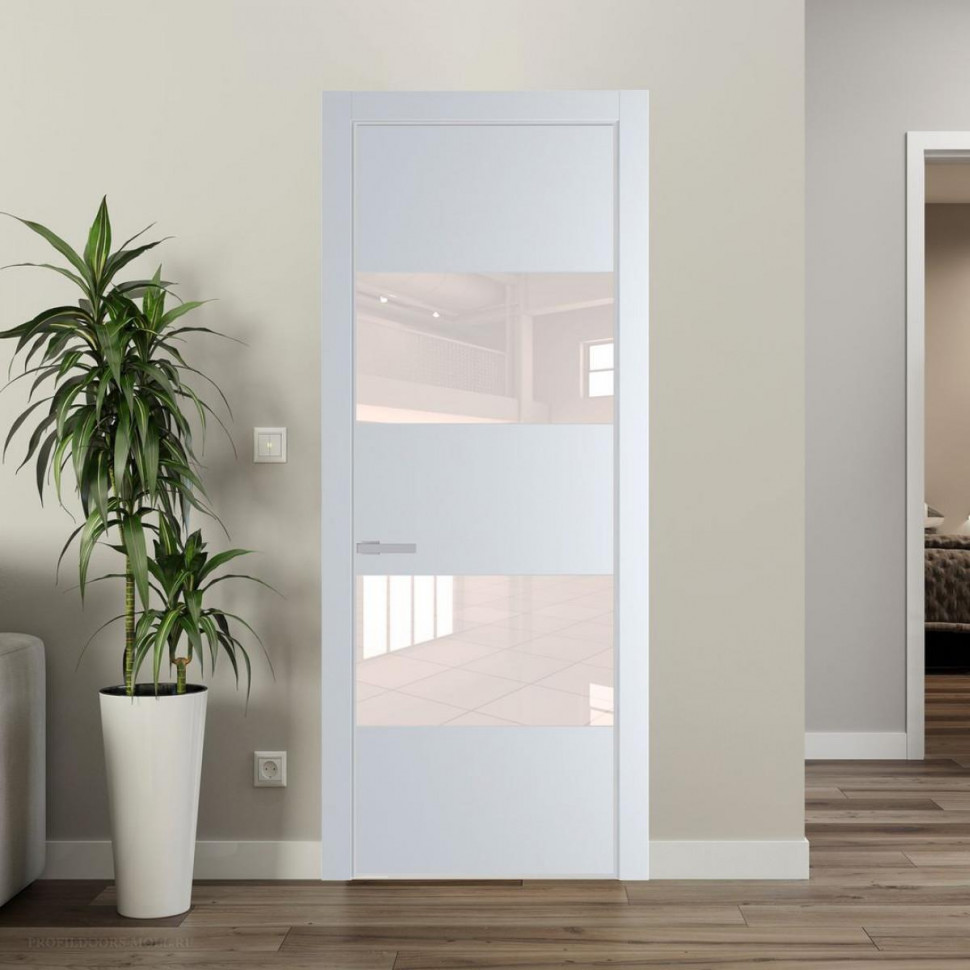 Межкомнатная дверь ProfilDoors 22 PE с вставкой из стекла перламутровый лак Вайт с алюминиевой кромкой Матовая