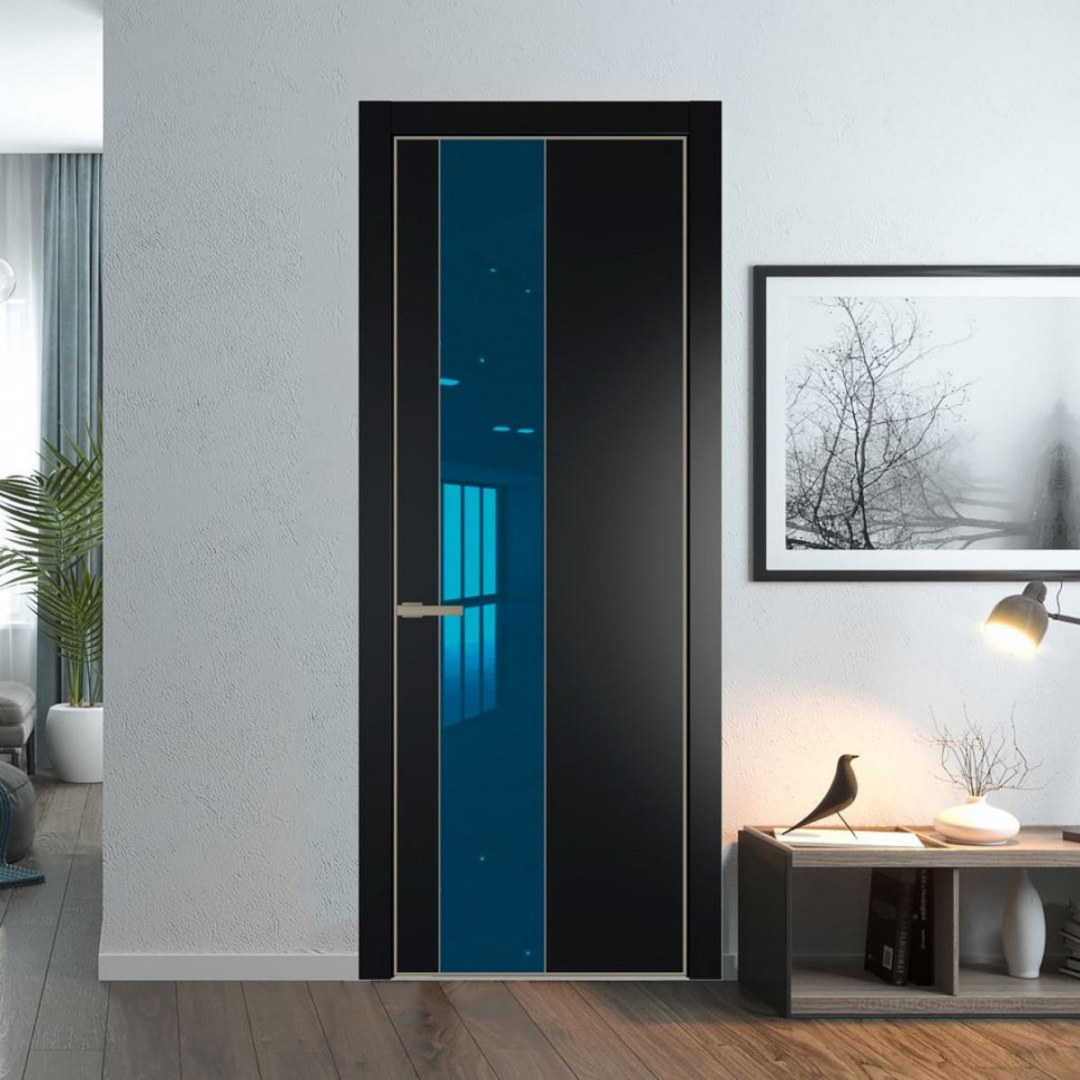 Межкомнатная дверь ProfilDoors 19 PE с вставкой из стекла зеркало blue Блэк с алюминиевой кромкой Никель