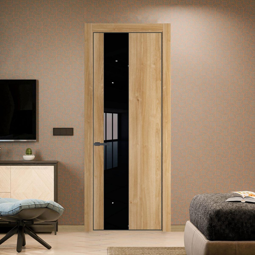 Межкомнатная дверь ProfilDoors 19 NE Дуб Карамель с кромкой Серая Ночь с стекляной вставкой черный лак