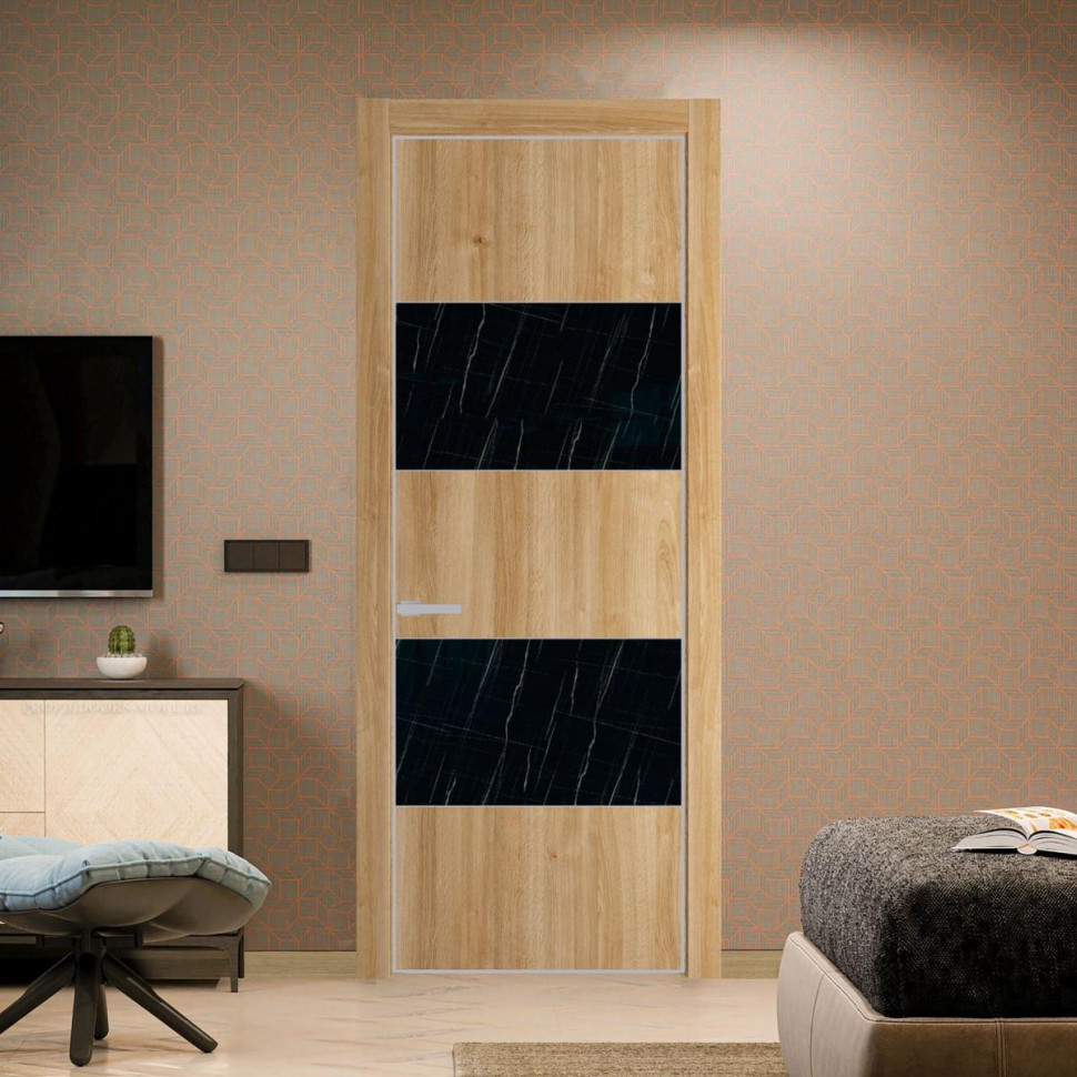 Межкомнатная дверь ProfilDoors 22 NE Дуб Карамель с кромкой Матовая с стекляной вставкой неро мрамор