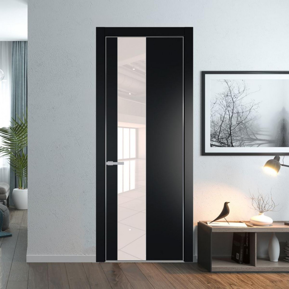 Межкомнатная дверь ProfilDoors 19 PE с вставкой из стекла перламутровый лак Блэк с алюминиевой кромкой Серебро