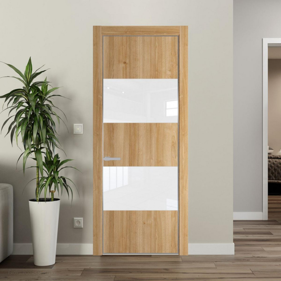 Межкомнатная дверь ProfilDoors 22 NE Дуб Карамель с кромкой Серебро с стекляной вставкой лак классик