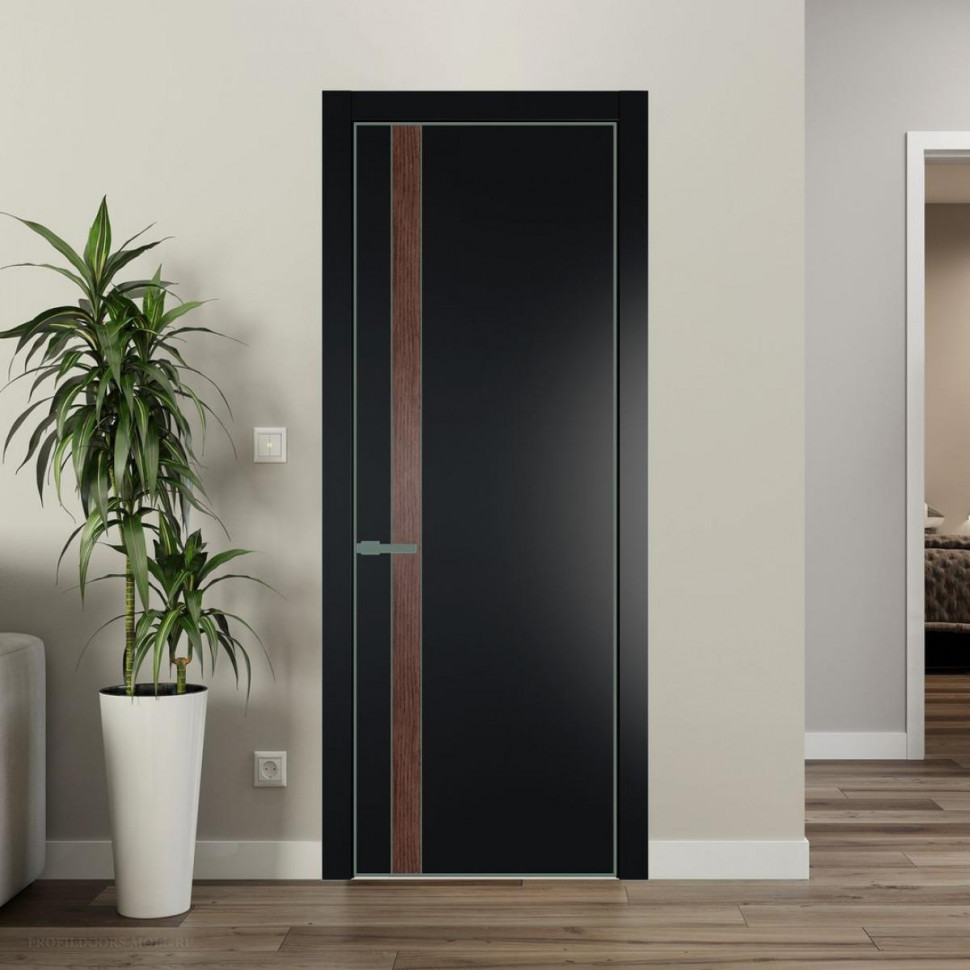 Межкомнатная дверь ProfilDoors 18 PE с вставкой Дуб Тобакко Блэк с алюминиевой кромкой Зеленый воск