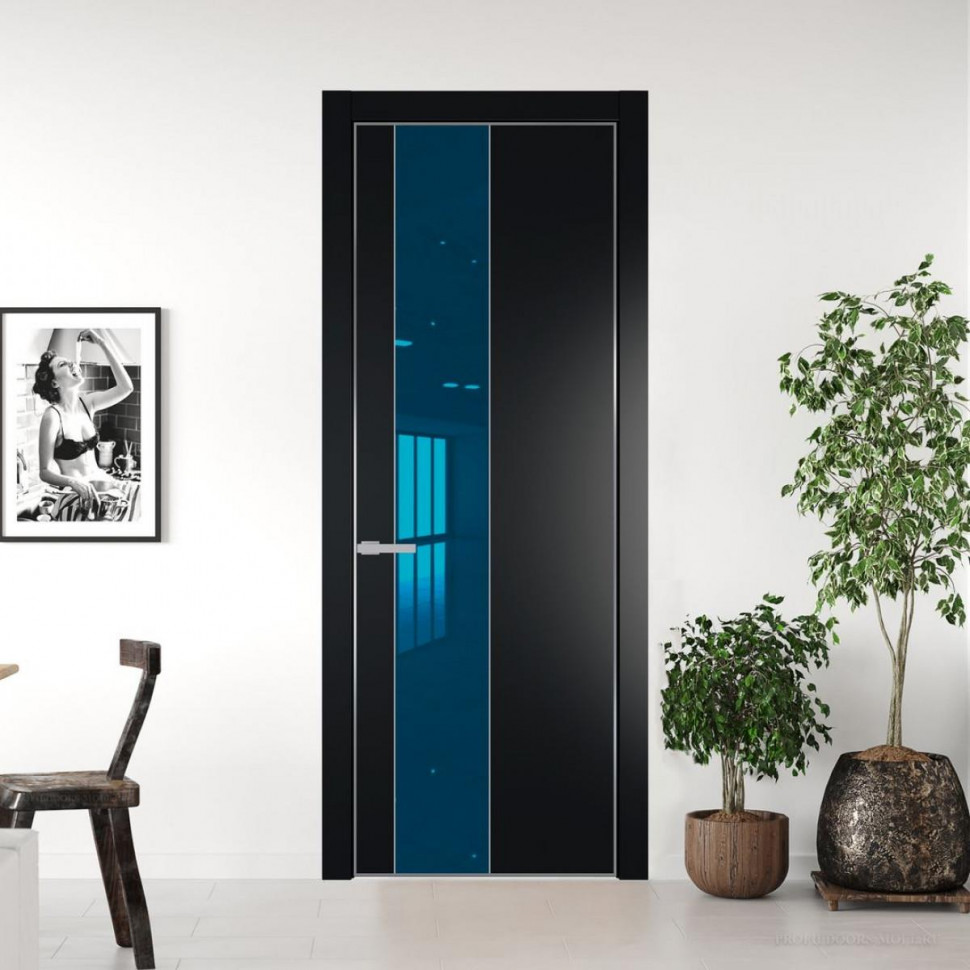 Межкомнатная дверь ProfilDoors 19 PE с вставкой из стекла зеркало blue Блэк с алюминиевой кромкой Серебро