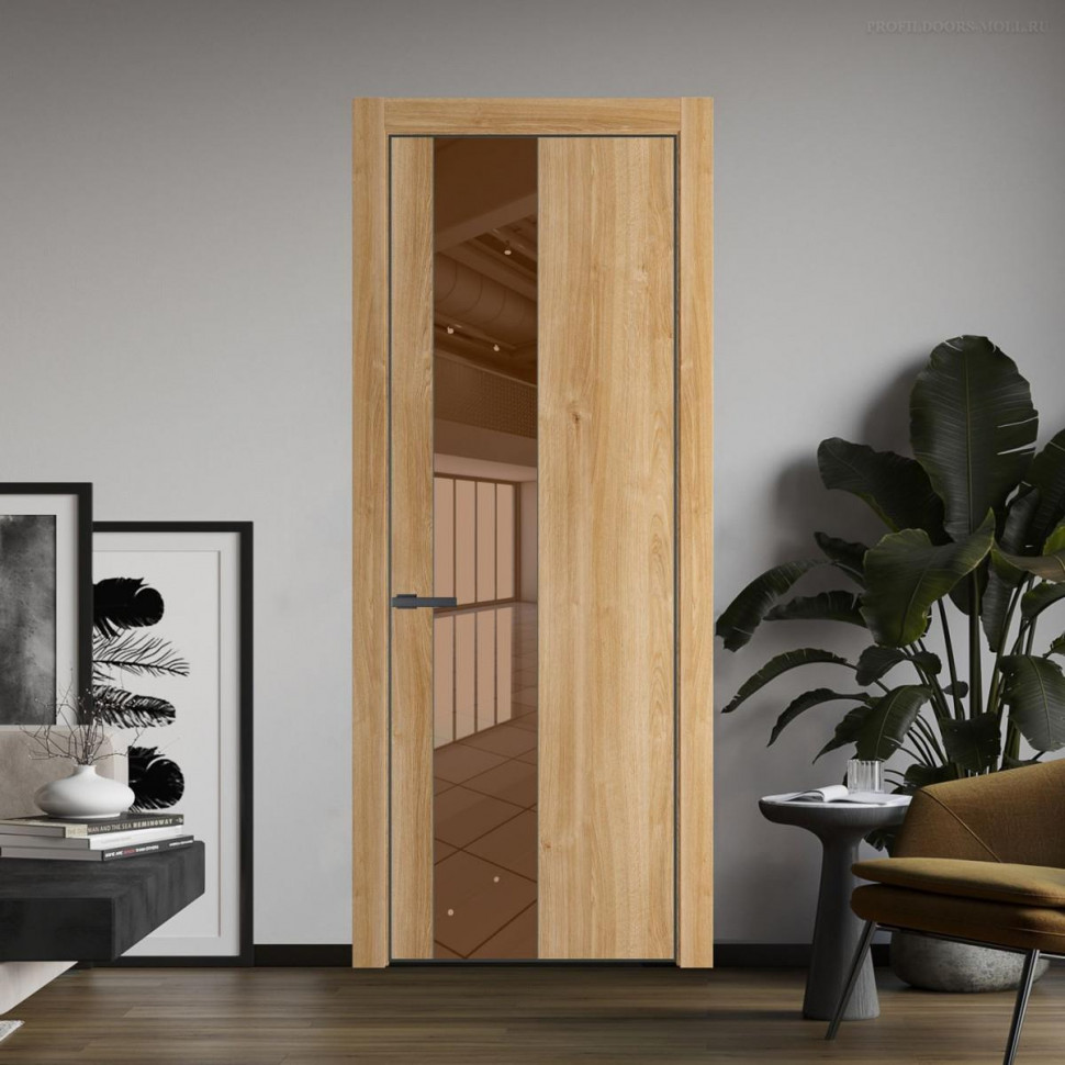 Межкомнатная дверь ProfilDoors 19 NE Дуб Карамель с кромкой Серая Ночь с стекляной вставкой зеркало bronze