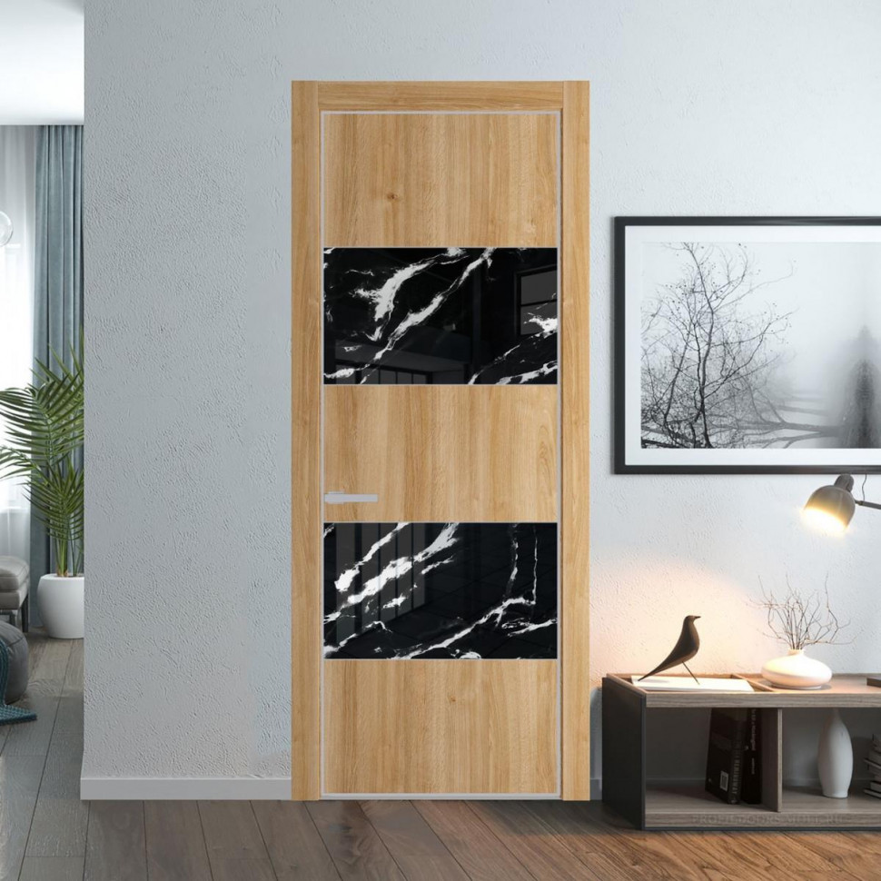 Межкомнатная дверь ProfilDoors 22 NE Дуб Карамель с кромкой Матовая с стекляной вставкой нефи черный узор серебро