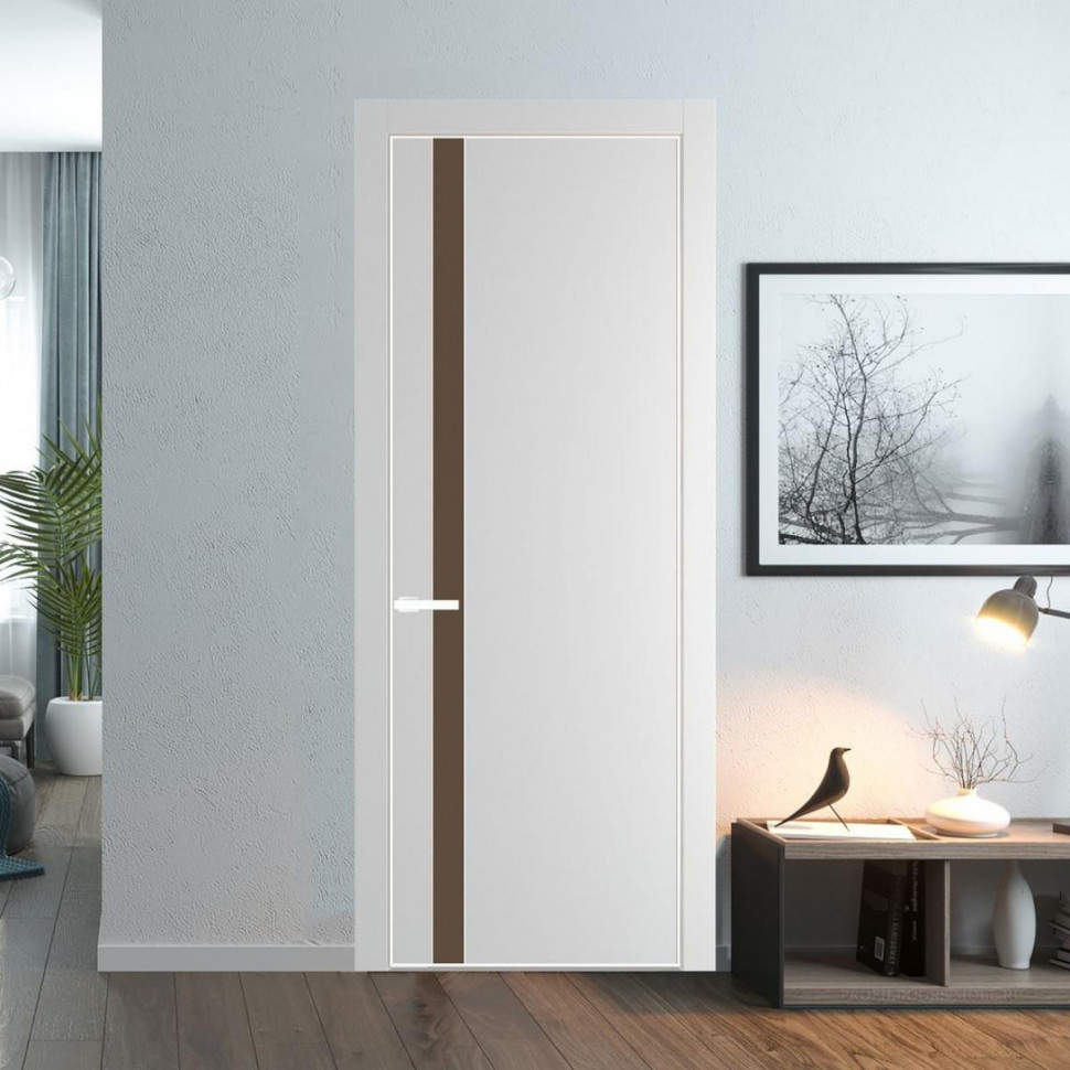 Межкомнатная дверь ProfilDoors 18 PE с вставкой из стекла монохром гляссе Крем Вайт с алюминиевой кромкой Вайт