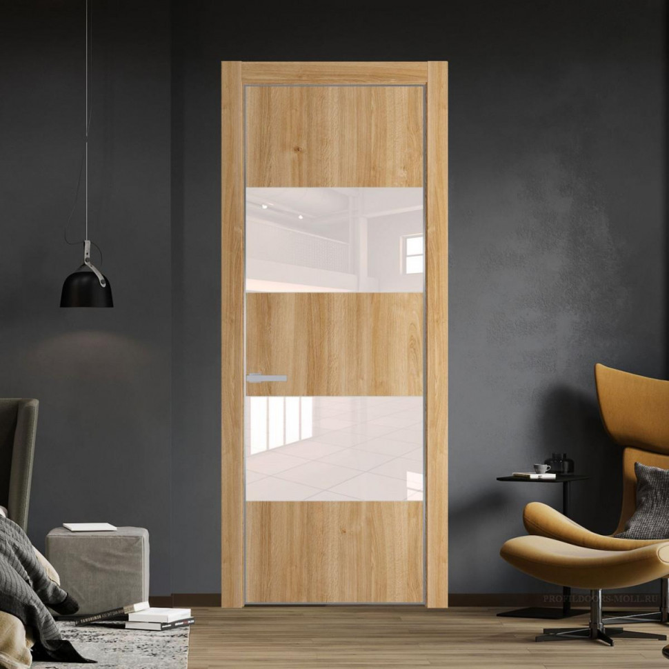 Межкомнатная дверь ProfilDoors 22 NE Дуб Карамель с кромкой Серебро с стекляной вставкой перламутровый лак