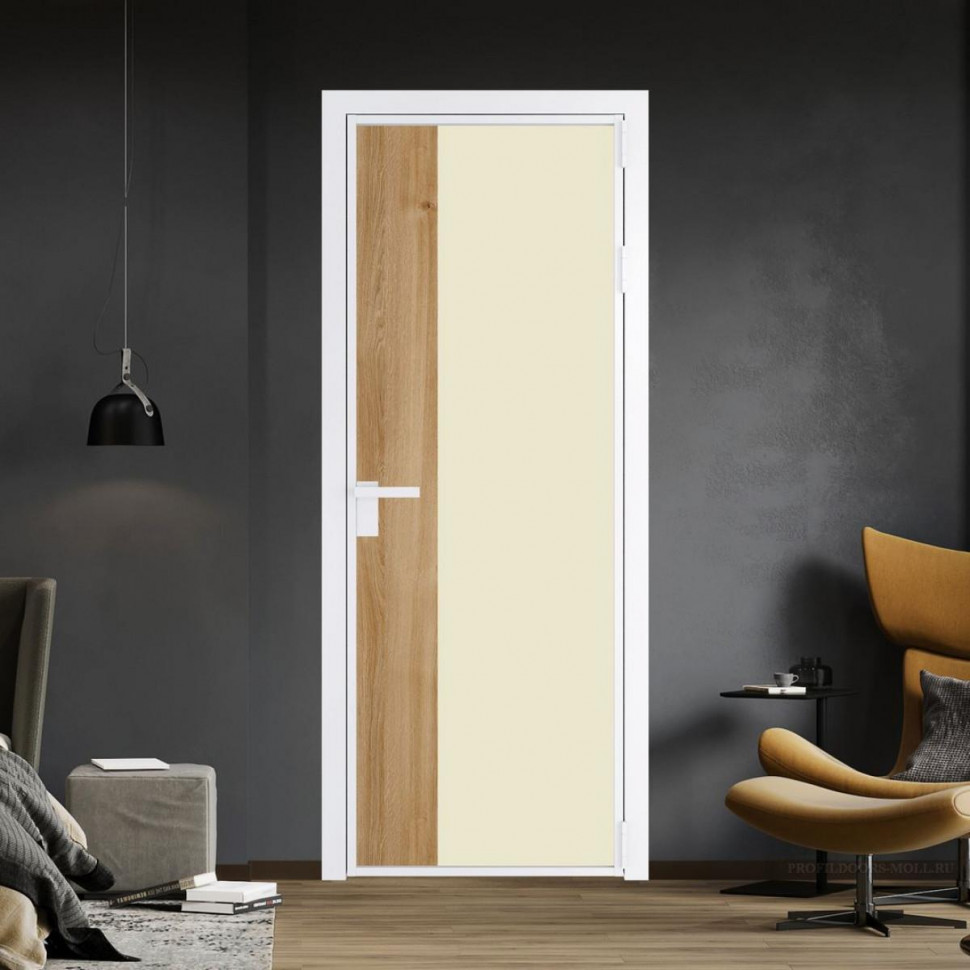 Межкомнатная дверь ProfilDoors 7 AG стекло Монохром жемчуг триплекс цвет профиля Вайт вставка Дуб Карамель