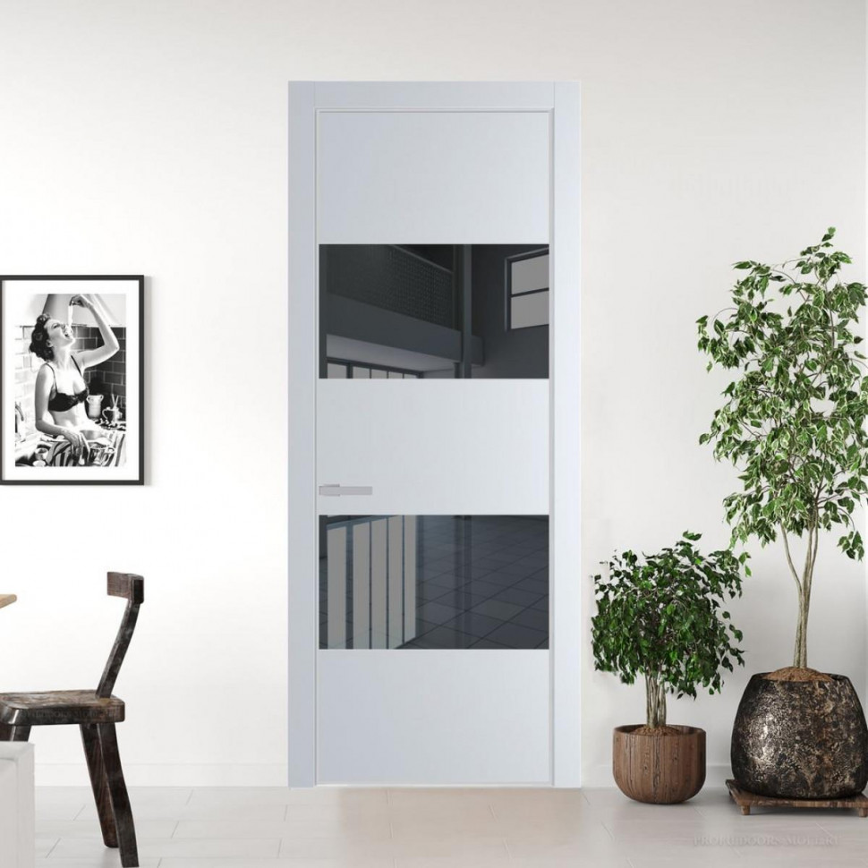 Межкомнатная дверь ProfilDoors 22 PE с вставкой из стекла зеркало grey Вайт с алюминиевой кромкой Матовая