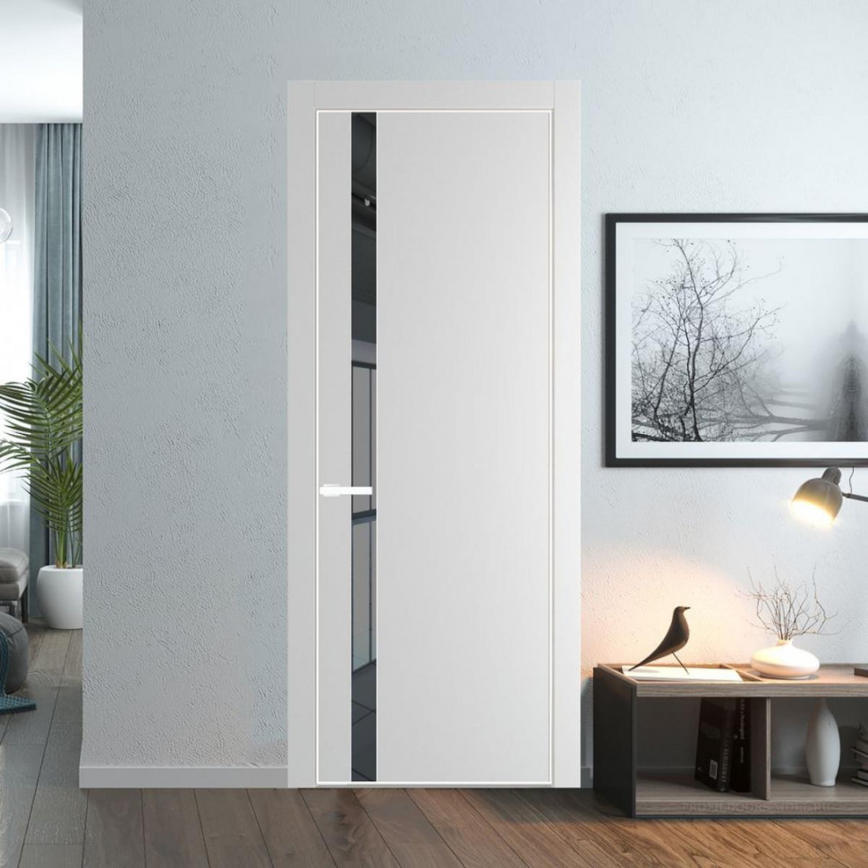 Межкомнатная дверь ProfilDoors 18 PE с вставкой из стекла зеркало grey Крем Вайт с алюминиевой кромкой Вайт