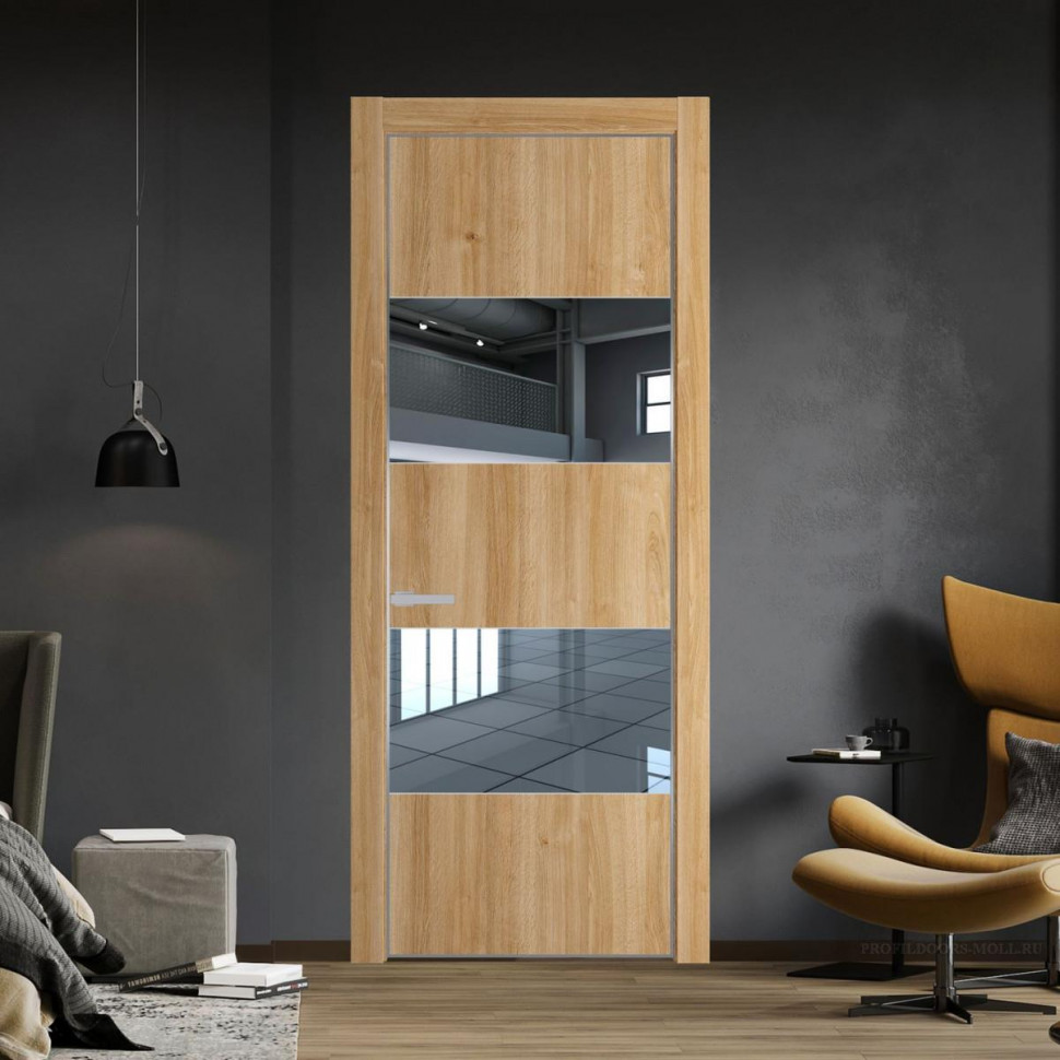 Межкомнатная дверь ProfilDoors 22 NE Дуб Карамель с кромкой Серебро с стекляной вставкой зеркало