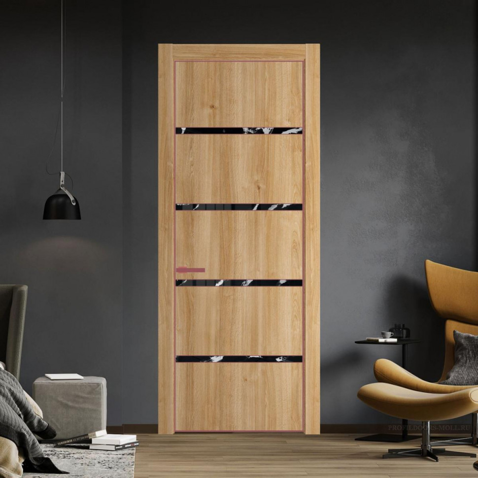 Межкомнатная дверь ProfilDoors 23 NE Дуб Карамель с кромкой Красный антрацит с стекляной вставкой нефи черный узор серебро