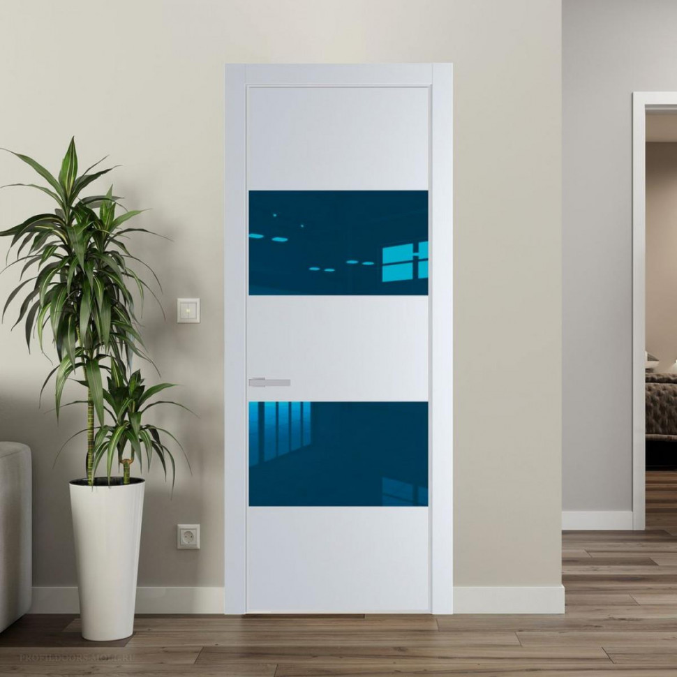 Межкомнатная дверь ProfilDoors 22 PE с вставкой из стекла зеркало blue Вайт с алюминиевой кромкой Матовая