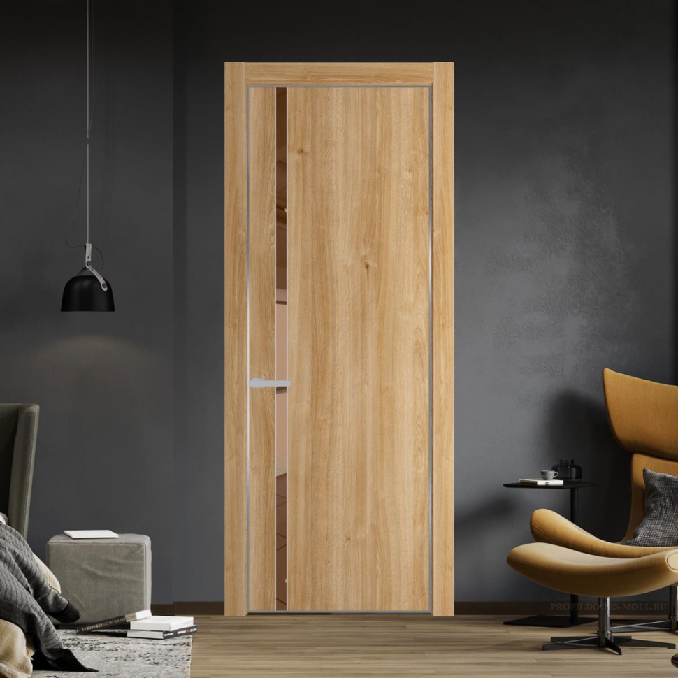 Межкомнатная дверь ProfilDoors 21NA Дуб Карамель профиль Серебро вставка Зеркало Bronza