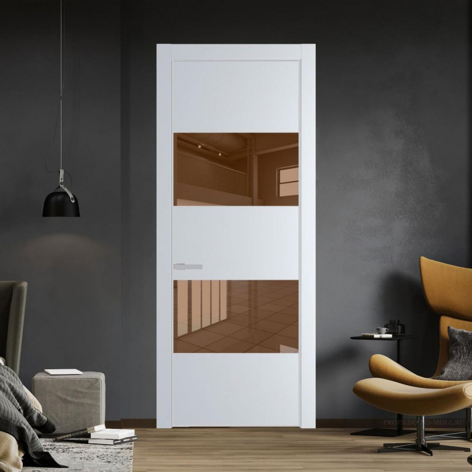 Межкомнатная дверь ProfilDoors 22 PE с вставкой из стекла зеркало bronze Вайт с алюминиевой кромкой Матовая