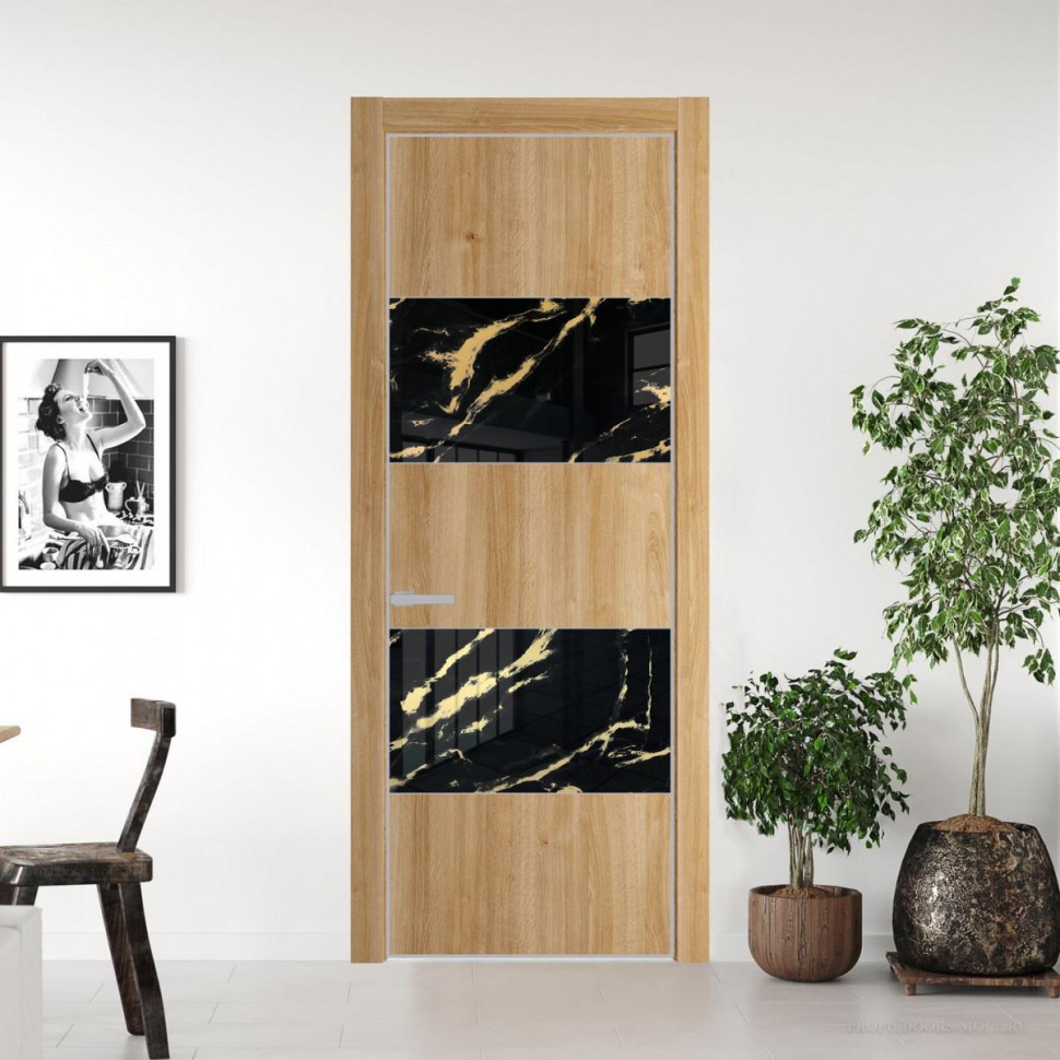 Межкомнатная дверь ProfilDoors 22 NE Дуб Карамель с кромкой Матовая с стекляной вставкой нефи черный узор золото
