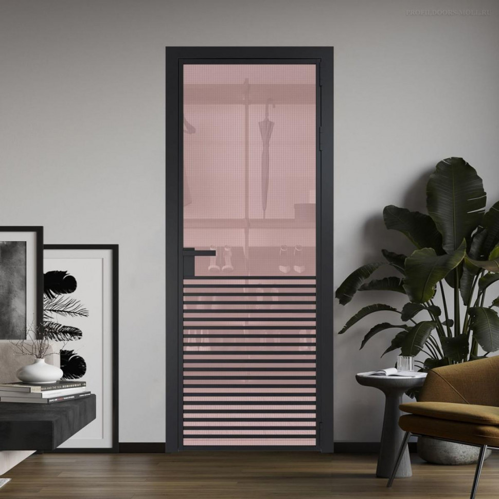 Межкомнатная дверь ProfilDoors 16 AG стекло Кризет розовое цвет профиля Черный матовый