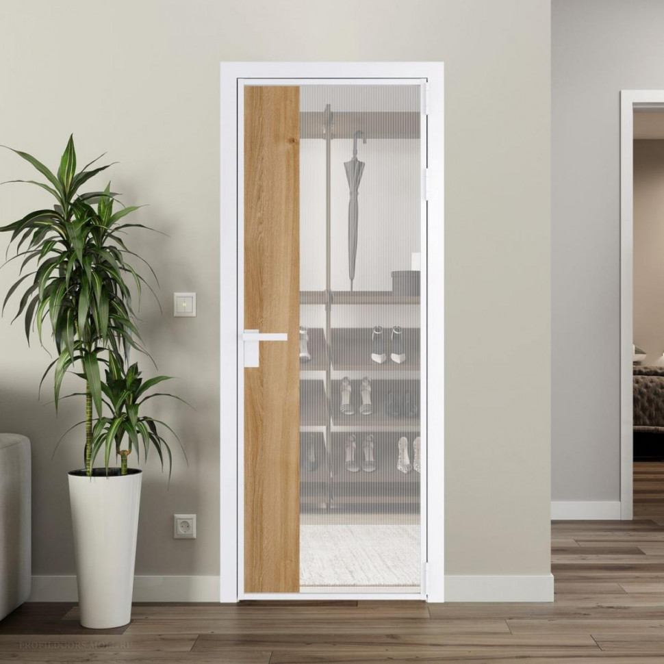 Межкомнатная дверь ProfilDoors 7 AG стекло Мору двухстороннее белое цвет профиля Вайт вставка Дуб Карамель