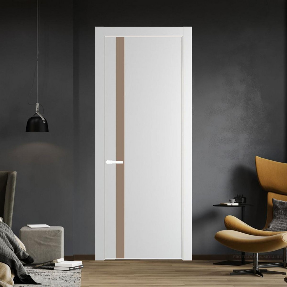 Межкомнатная дверь ProfilDoors 18 PE с вставкой из стекла монохром капучино Крем Вайт с алюминиевой кромкой Вайт