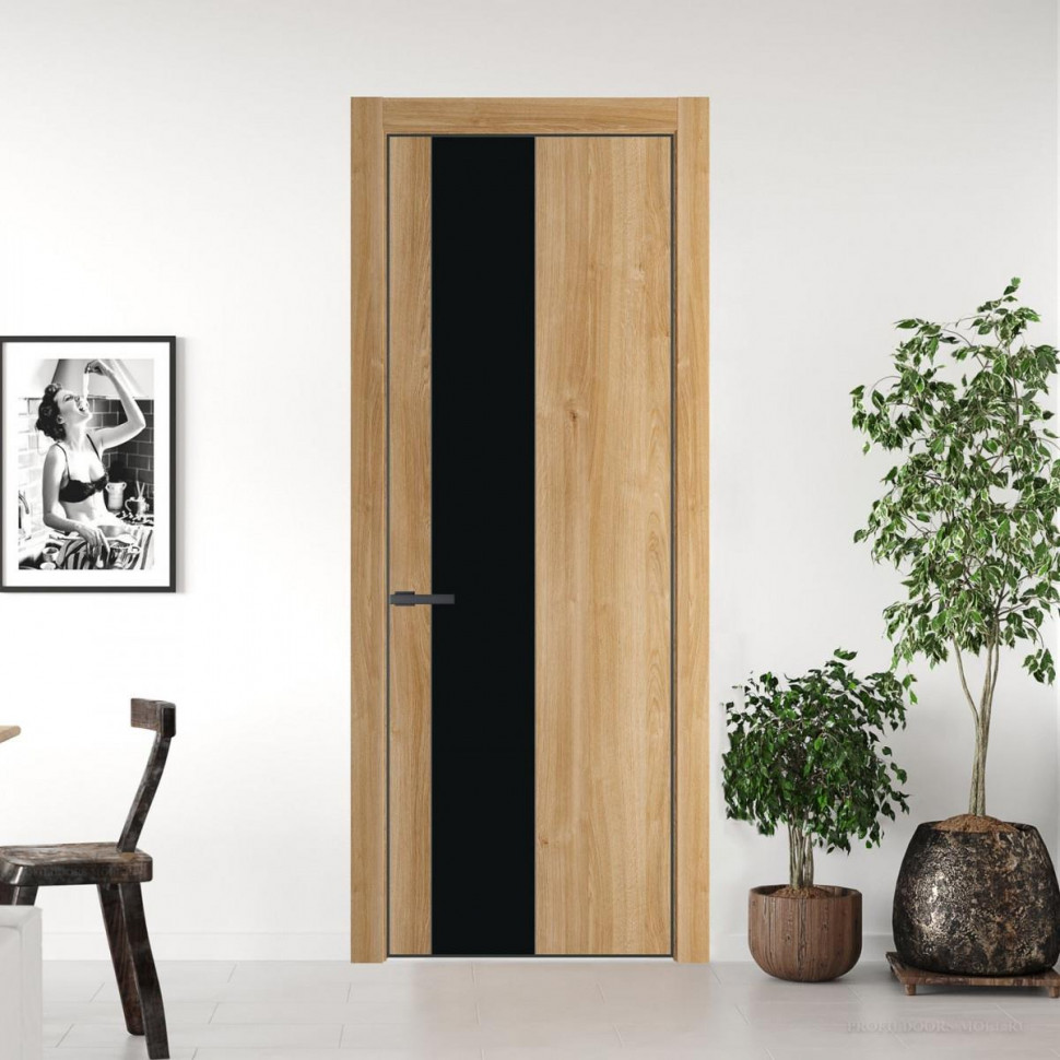 Межкомнатная дверь ProfilDoors 19 NE Дуб Карамель с кромкой Серая Ночь с стекляной вставкой монохром черный