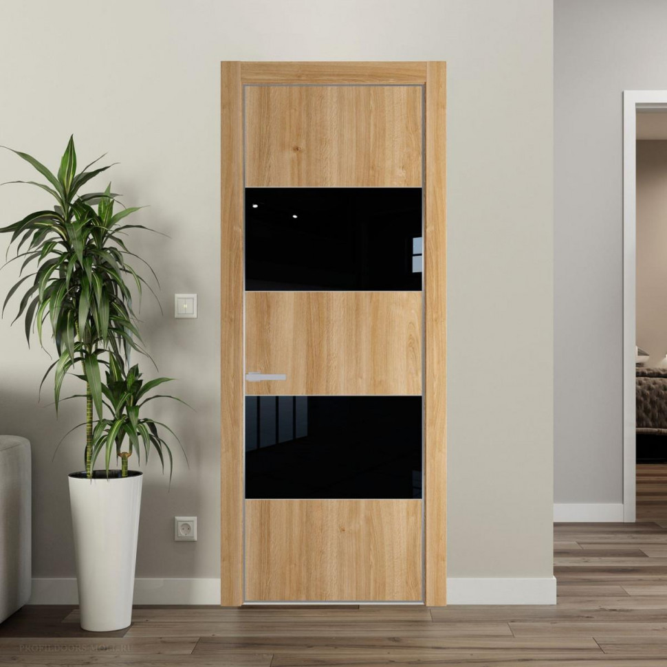 Межкомнатная дверь ProfilDoors 22 NE Дуб Карамель с кромкой Серебро с стекляной вставкой черный лак