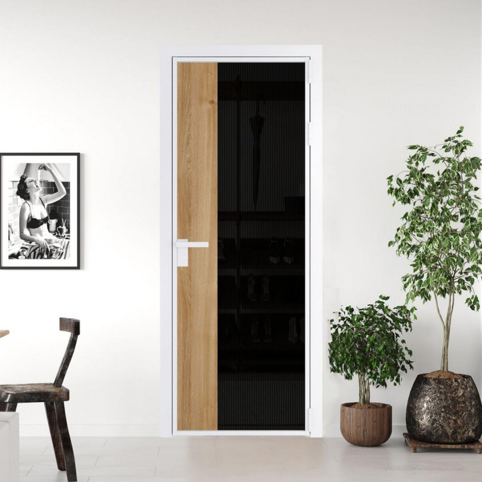 Межкомнатная дверь ProfilDoors 7 AG стекло Мору двухстороннее черное цвет профиля Вайт вставка Дуб Карамель