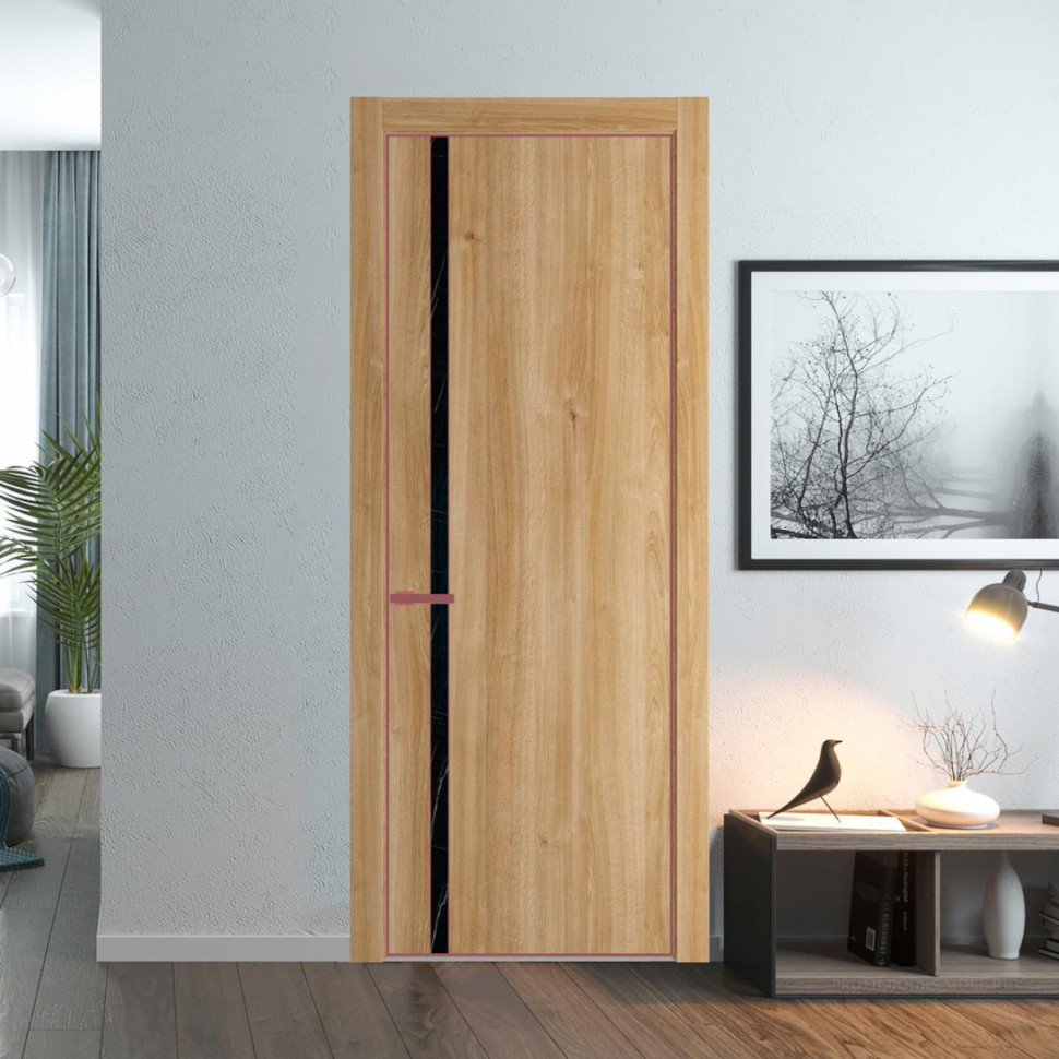 Межкомнатная дверь ProfilDoors 21NA Дуб Карамель профиль Красный антрацит вставка Неро мрамор