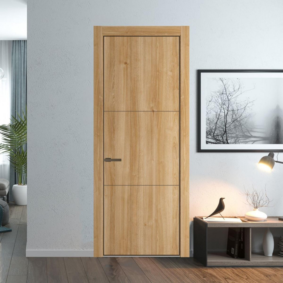 Межкомнатная дверь ProfilDoors 13 NE Дуб Карамель с кромкой Деорэ и алюминиевым молдингом