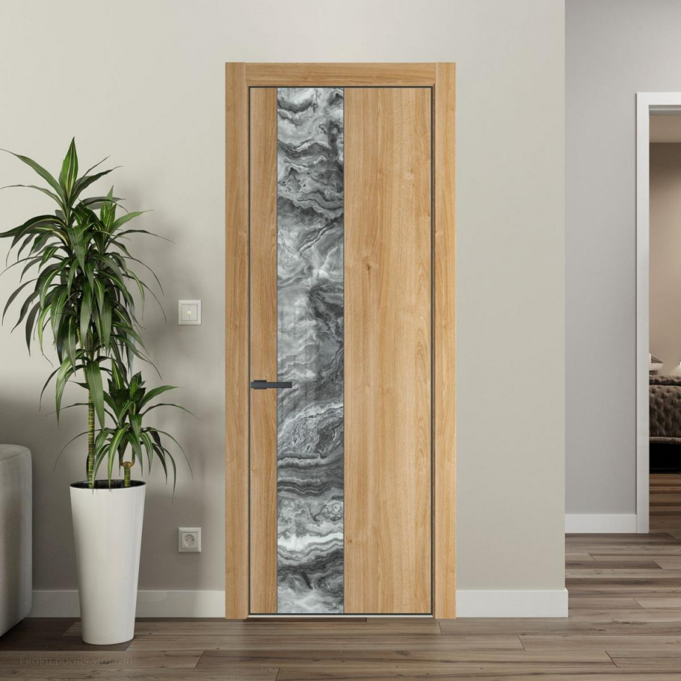 Межкомнатная дверь ProfilDoors 19 NE Дуб Карамель с кромкой Серая Ночь с стекляной вставкой атриум серебро
