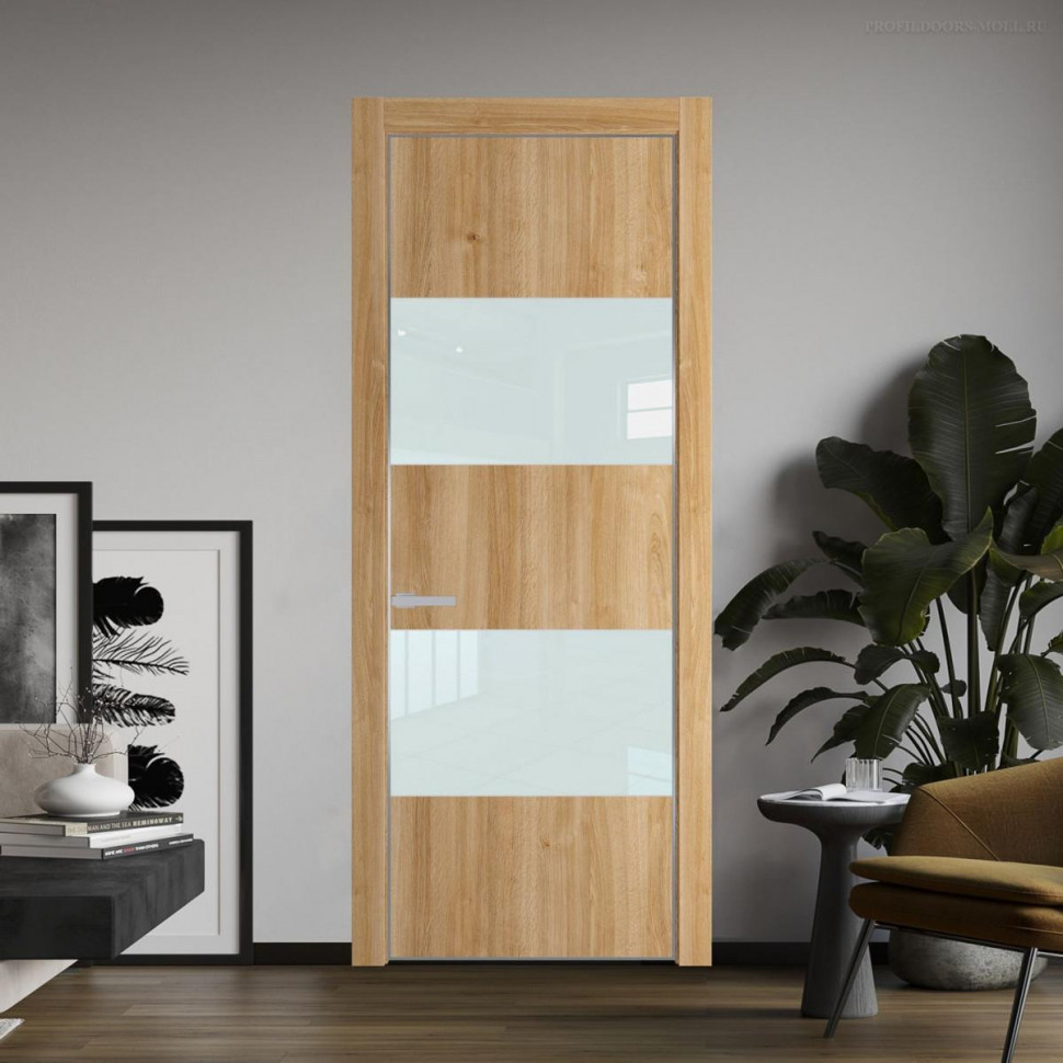 Межкомнатная дверь ProfilDoors 22 NE Дуб Карамель с кромкой Серебро с стекляной вставкой белый лак