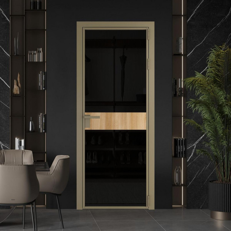 Межкомнатная дверь ProfilDoors 6 AG стекло Мору двухстороннее черное цвет профиля Шампань вставка Дуб Карамель