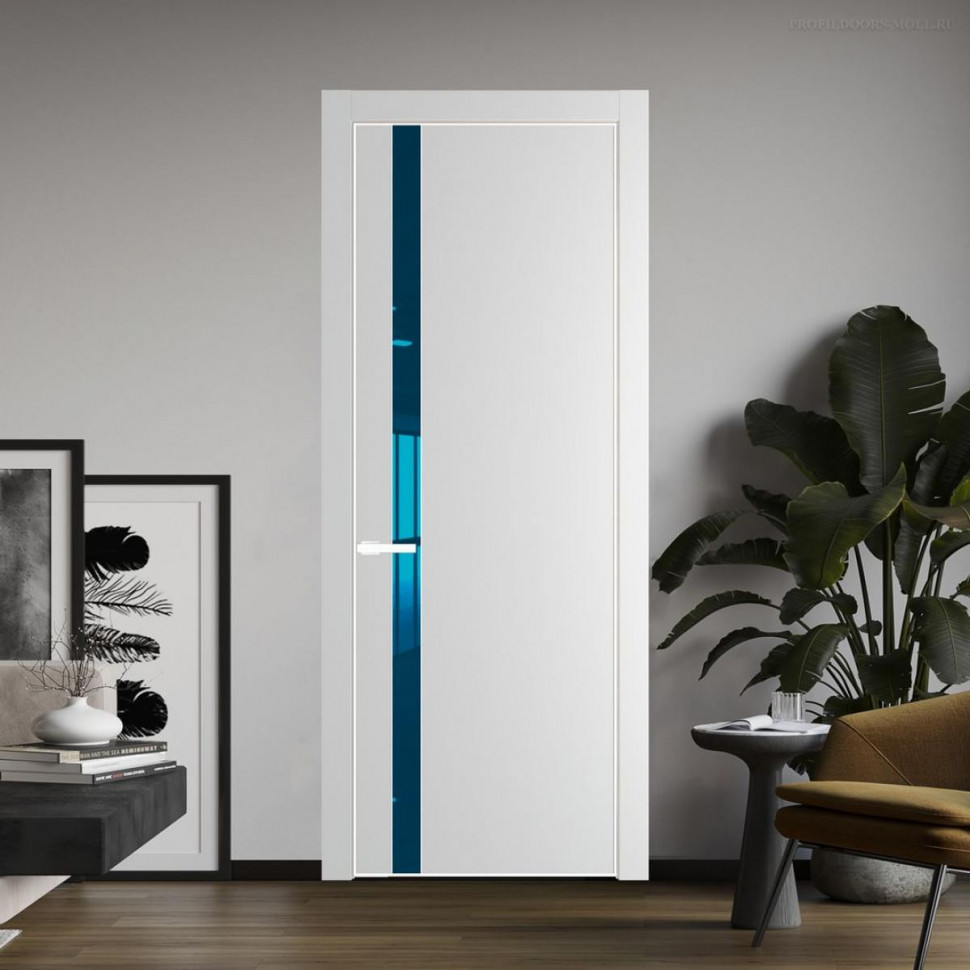 Межкомнатная дверь ProfilDoors 18 PE с вставкой из стекла зеркало blue Крем Вайт с алюминиевой кромкой Вайт