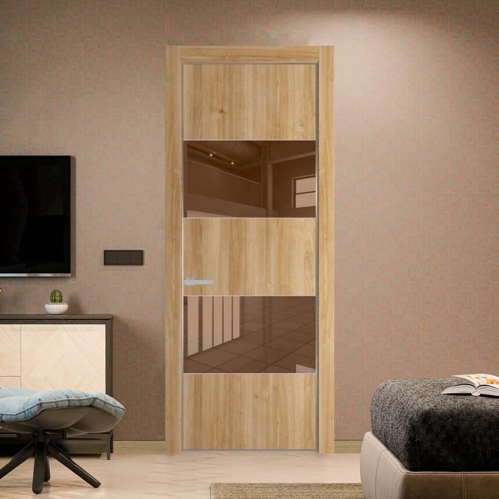 Межкомнатная дверь ProfilDoors 22 NE Дуб Карамель с кромкой Серебро с стекляной вставкой зеркало bronze
