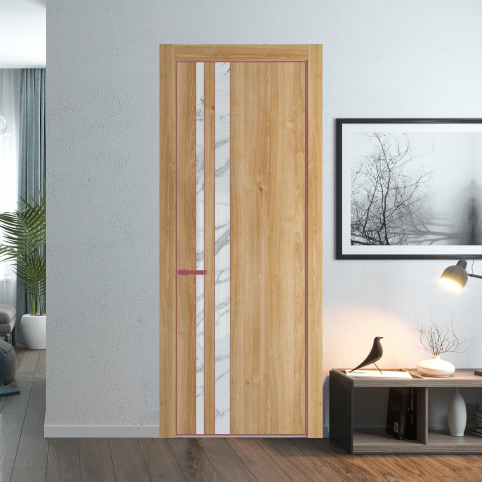 Межкомнатная дверь ProfilDoors 20NA Дуб Карамель профиль Красный антрацит вставка Нефи белый узор серебро