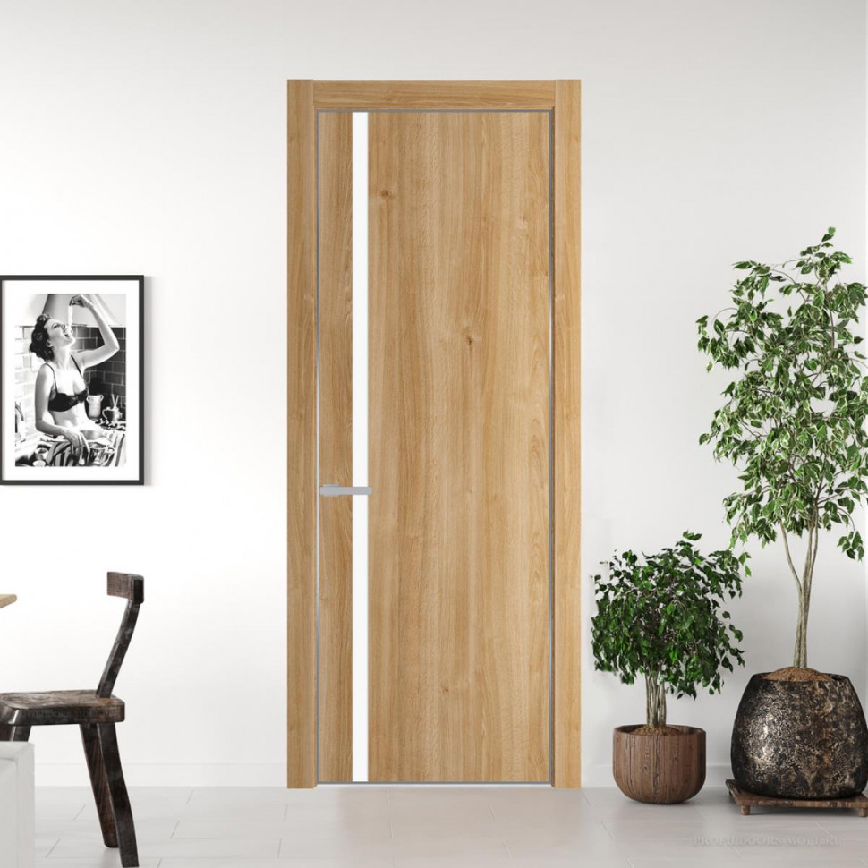 Межкомнатная дверь ProfilDoors 21NA Дуб Карамель профиль Серебро вставка Монохром белый просветленный