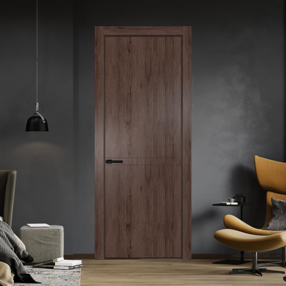 Межкомнатная дверь ProfilDoors 11NA Дуб Тобакко профиль Черный матовый вставка Глухая