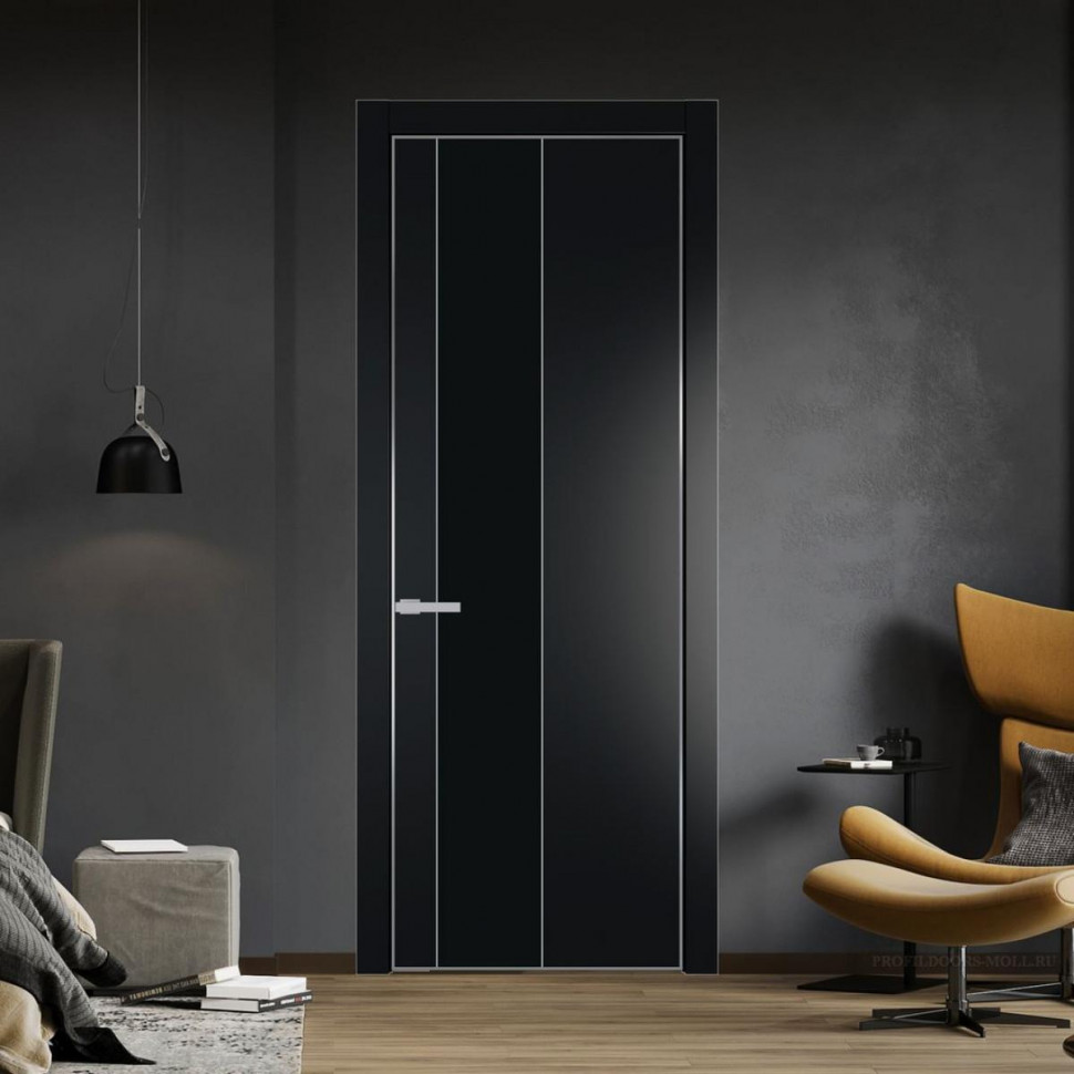 Межкомнатная дверь ProfilDoors 19 PE с вставкой из стекла монохром черный Блэк с алюминиевой кромкой Серебро
