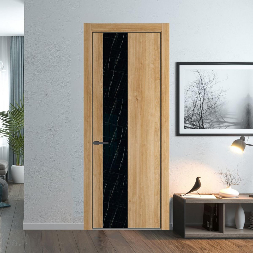 Межкомнатная дверь ProfilDoors 19 NE Дуб Карамель с кромкой Серая Ночь с стекляной вставкой неро мрамор