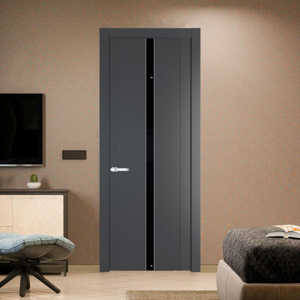 Межкомнатная дверь ProfilDoors 1.8P Графит Lacobel Черный лак молдинг Серебро