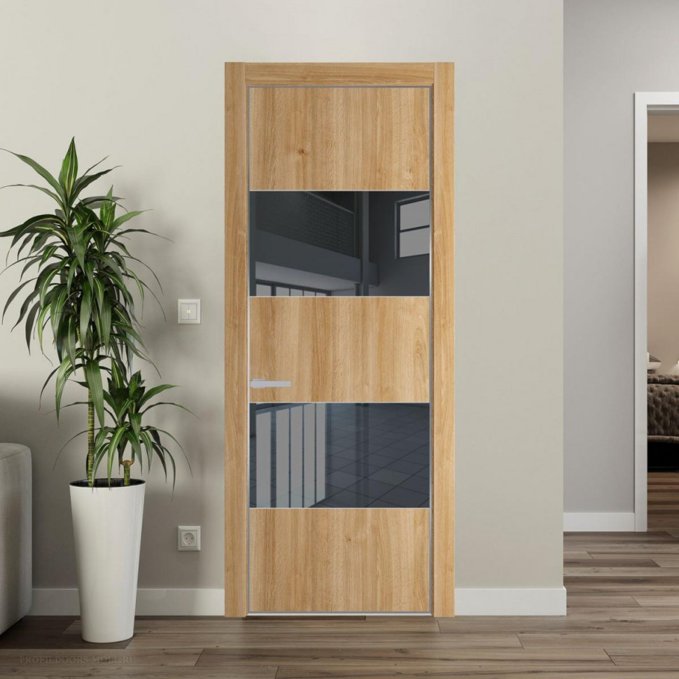 Межкомнатная дверь ProfilDoors 22 NE Дуб Карамель с кромкой Серебро с стекляной вставкой зеркало grey