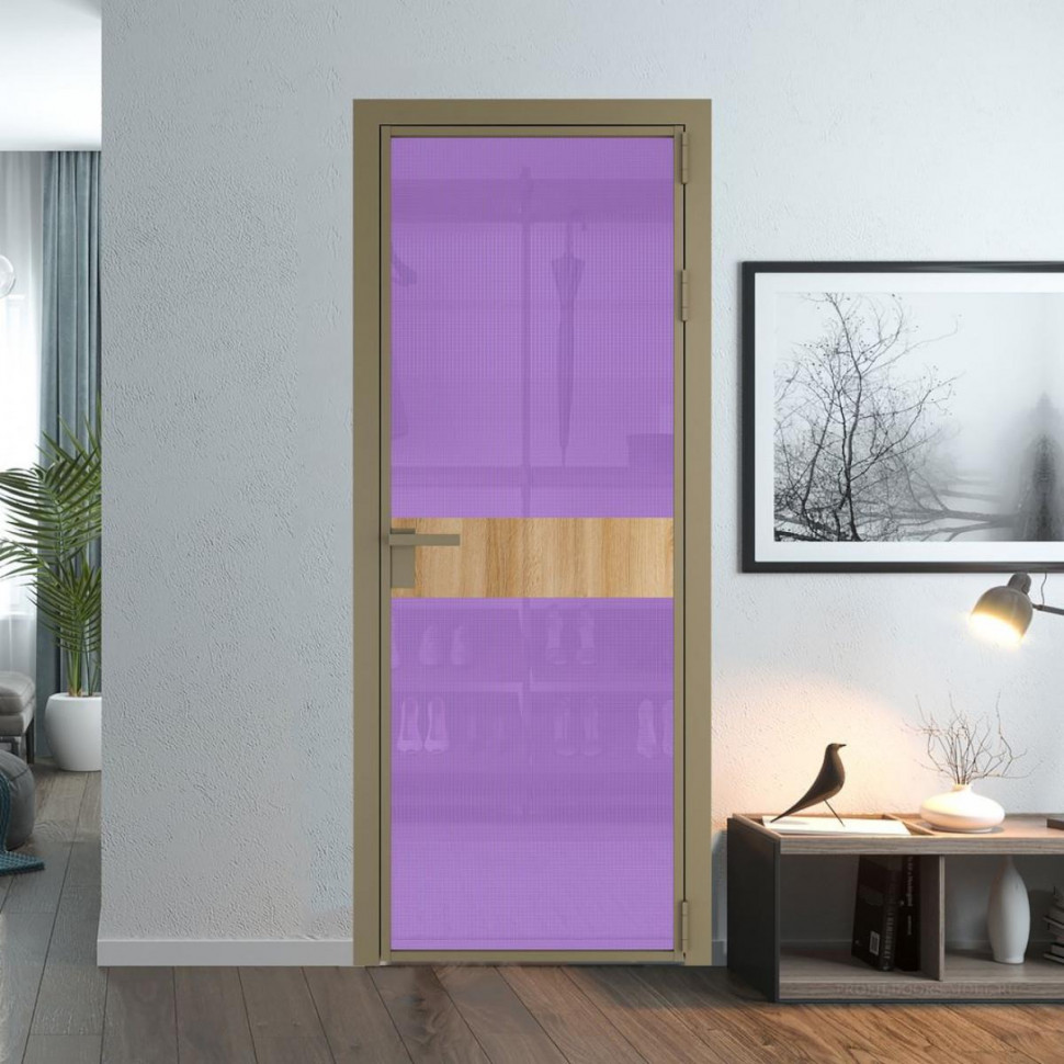 Межкомнатная дверь ProfilDoors 6 AG стекло Кризет фиолетовое цвет профиля Шампань вставка Дуб Карамель