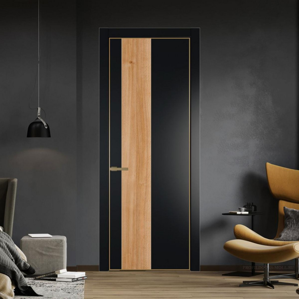 Межкомнатная дверь ProfilDoors 19 PE с вставкой Дуб Карамель Блэк с алюминиевой кромкой Золото